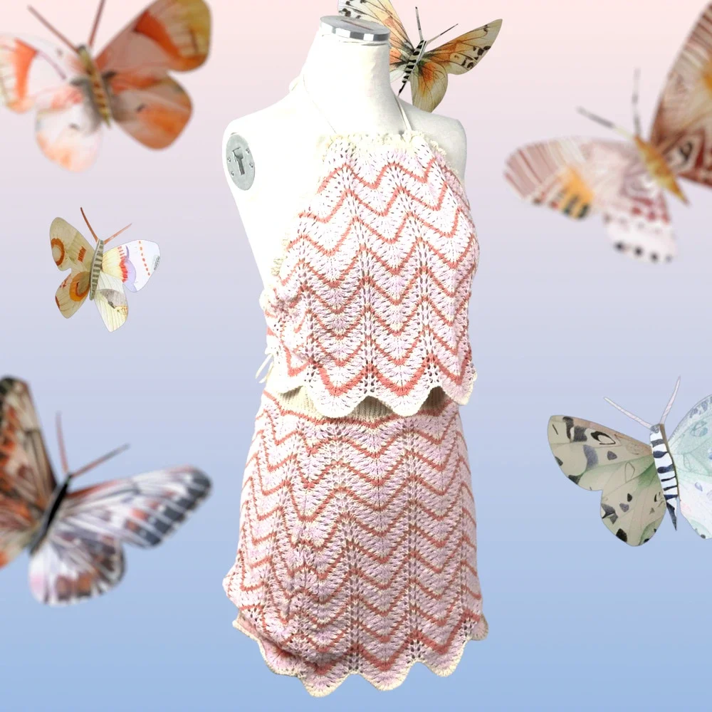 Women’s Crochet 2 Piece Set Skirt Cropped Top Backless Pink Orange Beige New WT - Picture 5 of 16